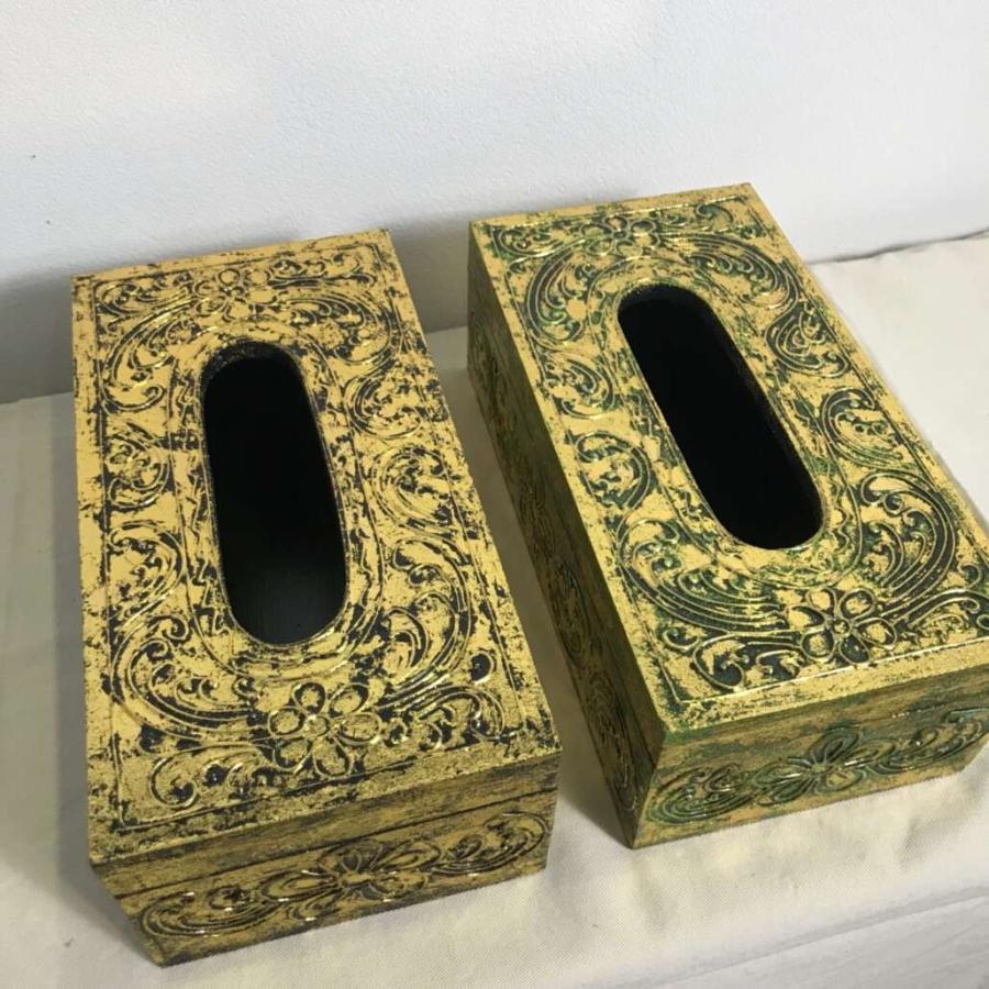 ティッシュケース 木製 ティッシュBOX アンティーク 金 金緑 おしゃれ