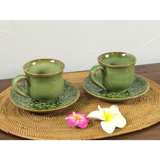 Jenggala コーヒーカップセット プルメリア柄 深緑 カップ&ソーサー