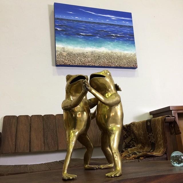 ブロンズ製 カエル像 傘持ち バリ島 特大 高さ49cm オブジェ ブロンズ