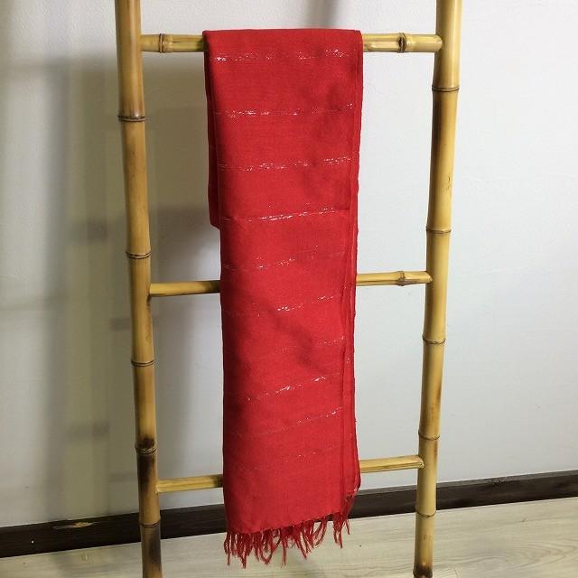 フィリピン製 銀糸入り織物 伝統手織り布 赤 70×200cm アジアン 布