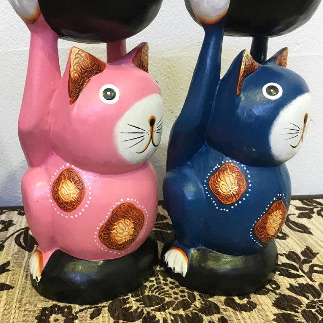 バンザイ皿持ちバリネコ 5色 猫 置き物 小物入れ 木彫りインテリア  