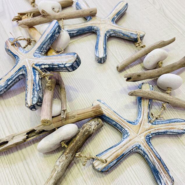 流木 オーナメント 吊るしオブジェ 木製 ロング 青 ヒトデ B マリン