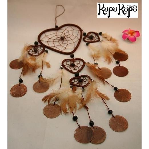 バリ島製 ハート ドリームキャッチャー 茶色 3連 エスニック 壁飾り
