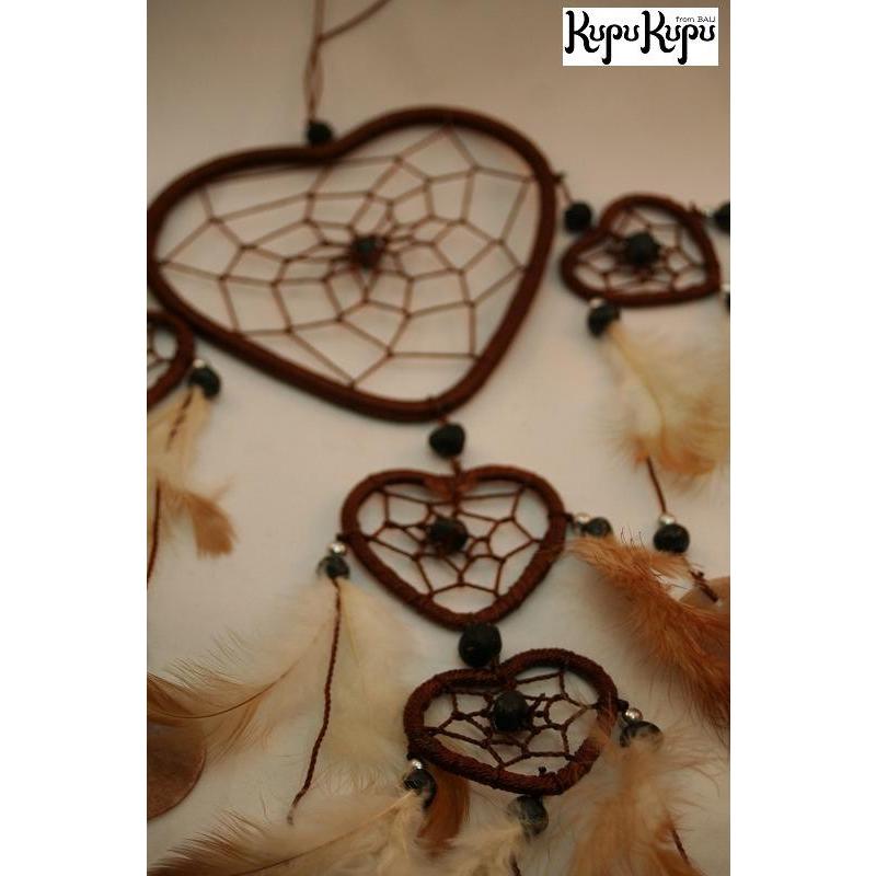 バリ島製 ハート ドリームキャッチャー 茶色 3連 エスニック 壁飾り