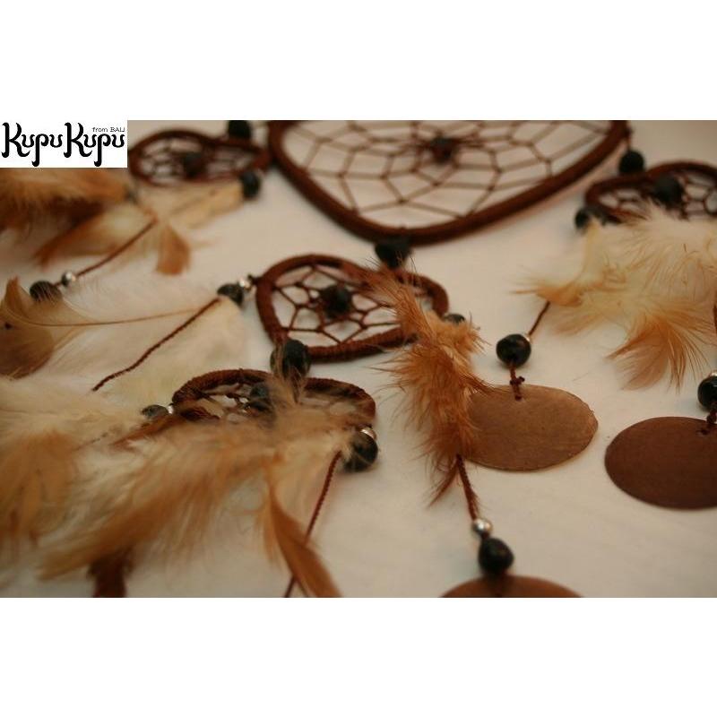 バリ島製 ハート ドリームキャッチャー 茶色 3連 エスニック 壁飾り