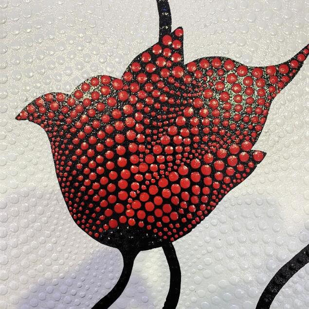 バリ絵画 ドットアート H50×W60cm 3連 赤い花 A-1 アートパネル モダン 