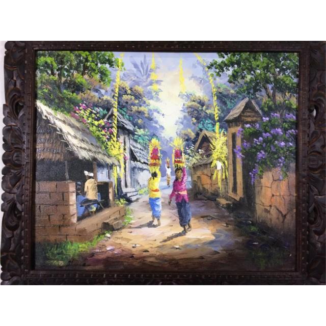 バリ絵画 風景画 村 A-1 W74cm×H64cm 額付き 額縁 バリ雑貨 アジアン雑貨 バリの絵