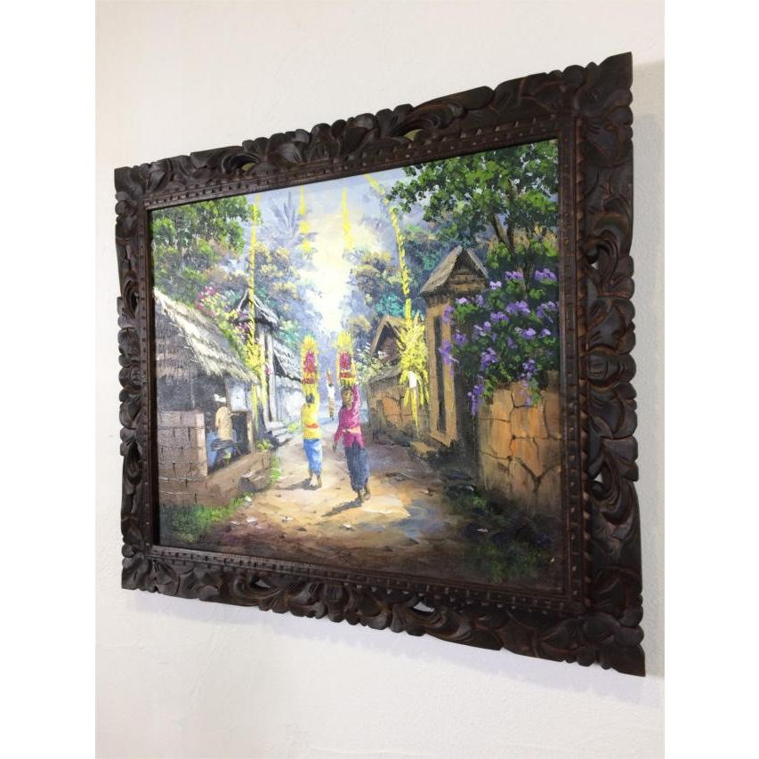 バリ絵画 風景画 村 A-1 W74cm×H64cm 額付き 額縁 バリ雑貨 アジアン 