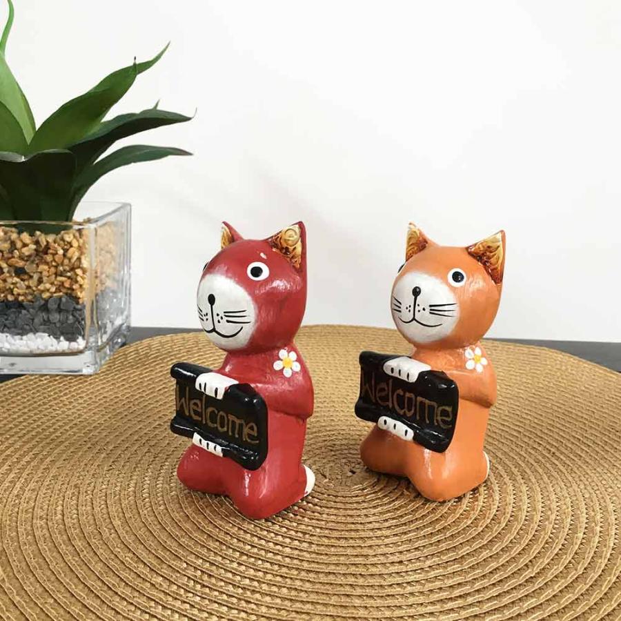 木彫り 座りバリネコ ウェルカム オブジェ 猫の置き物 猫 アジアン雑貨