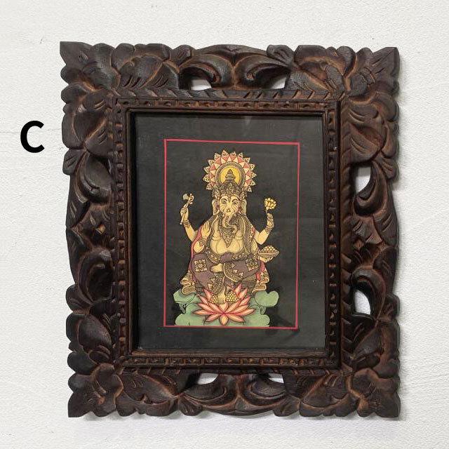 バリ絵画 神獣の絵 ガネーシャ W33×H38 5タイプ ガラス 額付き