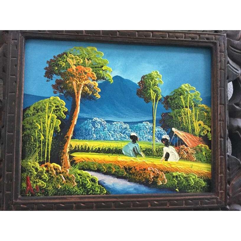 バリ絵画 風景画 稲刈りとバトゥール山 38×33 B-3 額付き バリ バリ絵画 風景画 稲刈りとバトゥール山 38×33 B-3 額付き バリ