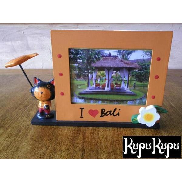 アニマル木彫り バリネコ 写真立て I LOVE BALI 猫 置物 小物 バリ島