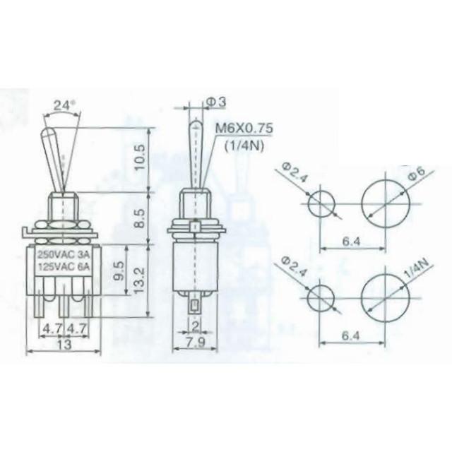 3P 中点なし トグルスイッチ AC 6A 125V｜kura-parts｜02