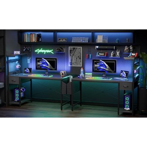 TIQLAB LEDゲーミングデスク 100×50cm - 電源コンセント付き パソコンデスク 大型収納棚 引き出し付き 多機能デスク サイドポ_7