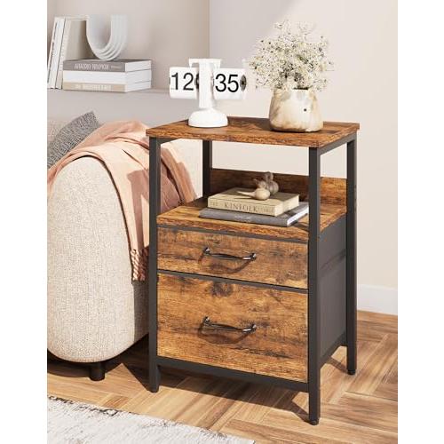 YMYNY サイドテーブル ナイトテーブル ファブリック引き出し付き 木目