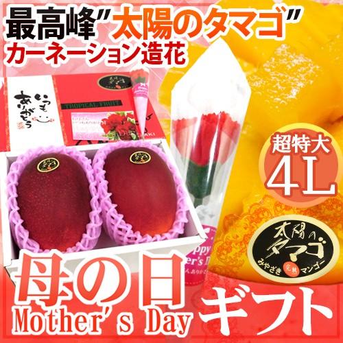母の日ギフト 宮崎マンゴー ”太陽のタマゴ” 超大玉4L×2玉とカーネーション造花セット 産地化粧箱入り【予約 5月2日〜5月10日お届け予定】