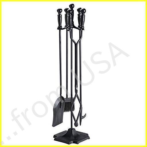 全国送料無料 Syntrific 暖炉ツール5点セット ブラック 鋳鉄製 暖炉ツールセット 薪ホルダー付き ファイヤ