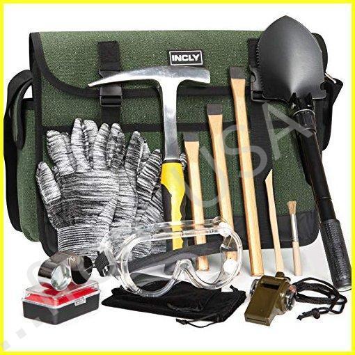 全国送料無料 INCLY 15 PCS Geology Rock Pick Hammer Kit, 3 PCS Diggg Chisels Rock Houndg, ゴールド Mg Prospectg Equipment with Sh