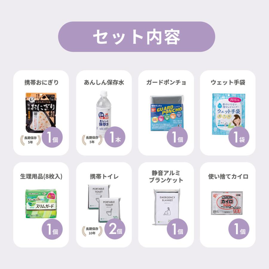 女性防災士監修 女性用防災18点セット 防災セット 5年保存食 防災グッズ 避難グッズ オフィス 棚 本棚 地震 災害 ボックス プレゼント避難 避難用 一人暮らし｜kurashido｜09