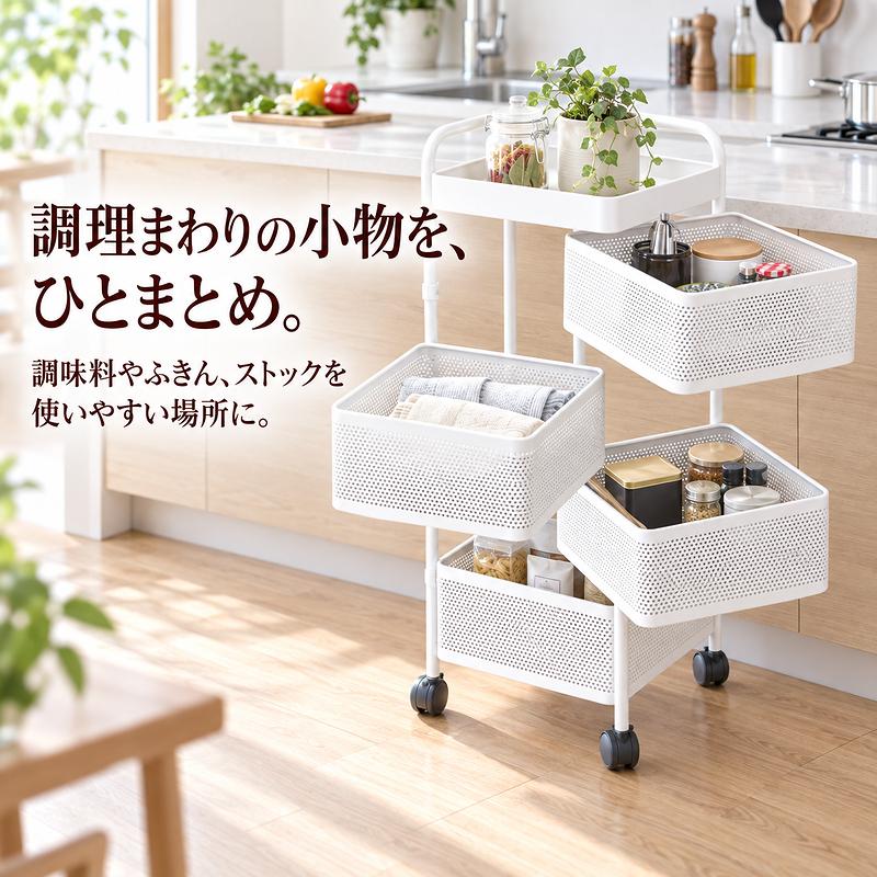 MONOWA キッチンワゴン キャスター付き 4段 天板付き 収納ワゴン 360