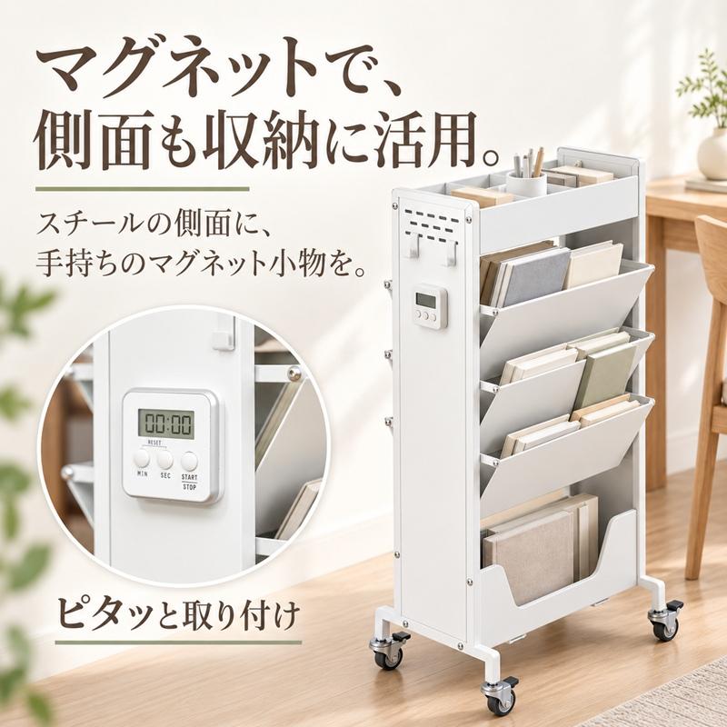 MONOWA マガジンラック キャスター付き スリム 本棚 両面3段 ブックスタンド 収納ワゴン スチール 白 小物入れ フック6個 教科書 雑誌 書類 収納 子供部屋 リビング E-one イーワン暮らし館 - 通販 - Yahoo ショッピング
