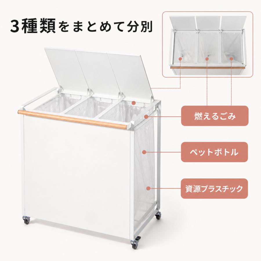 MONOWA 3分別ダストボックス 蓋・キャスター付き 幅50cm スチール製