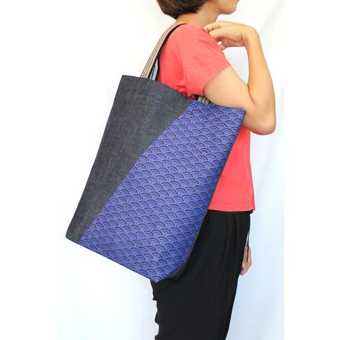 小紋柄レトロデニムバッグ 和柄 レトロ 日本製 倉敷屋 手作り 丈夫 オシャレ カワイイ 手提げ 桜 市松 63 以上節約