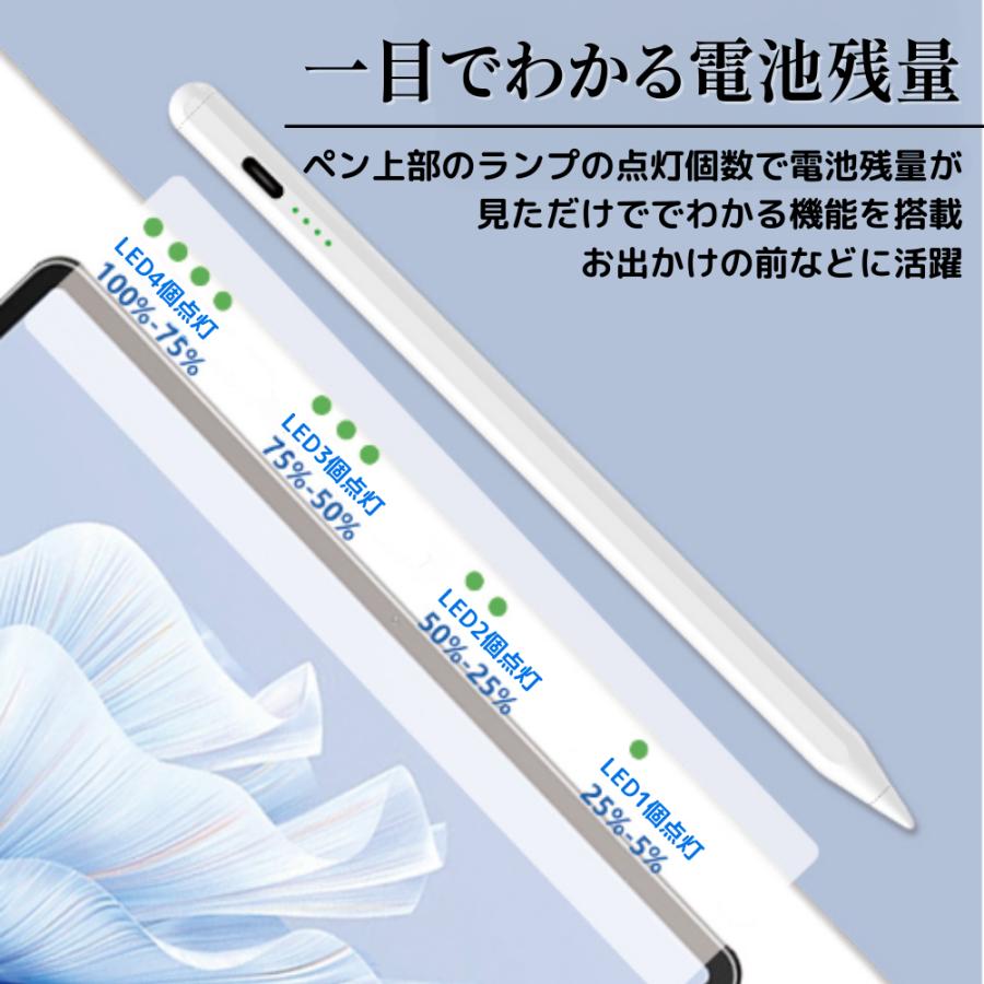 iPad タッチペン ipad専用 第10世代 残量表示 傾き感知 アイパッド スタイラスペン パームリジェクション ペンシル極細 超高感度 イラスト｜kurashinococoroshop｜10