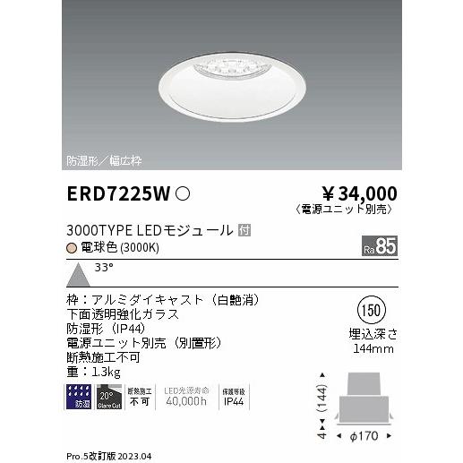 遠藤照明 ポーチライト 軒下使用可 ERD7225W （電源ユニット別売） LED 