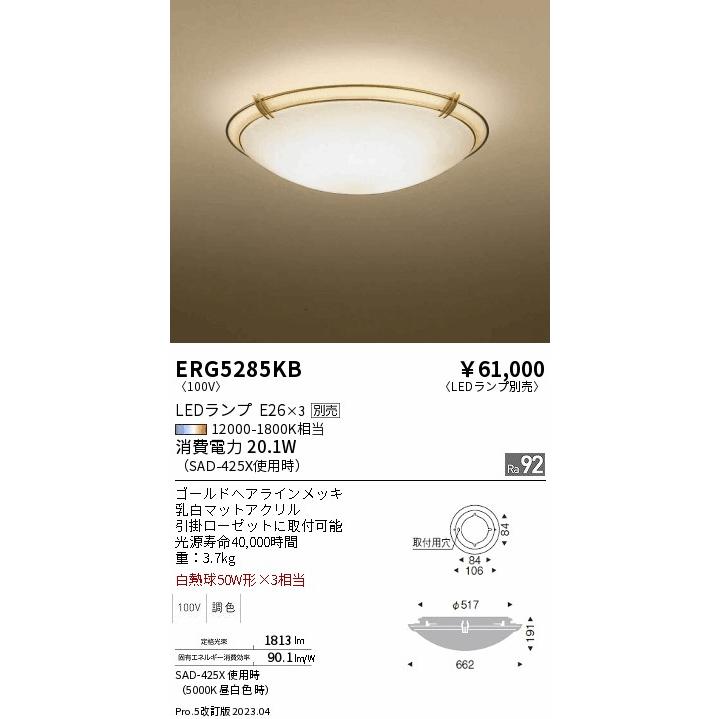 安心のメーカー保証 【インボイス対応店】遠藤照明 シーリングライト ERG5285KB ランプ別売 LED 実績20年の老舗_1