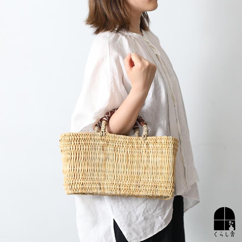 ストロー横長かご 革クロスステッチハンドル S 焦げ茶 ストロー