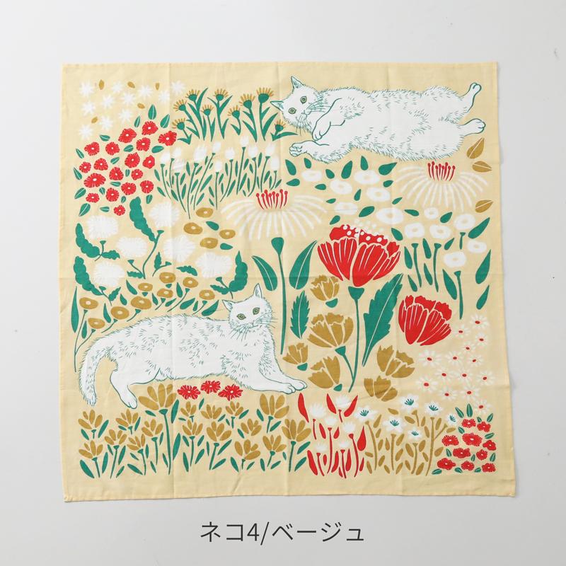 インド綿 ネコ柄ハンカチ 70cm×70cm ブロックプリント 大判 大きめ