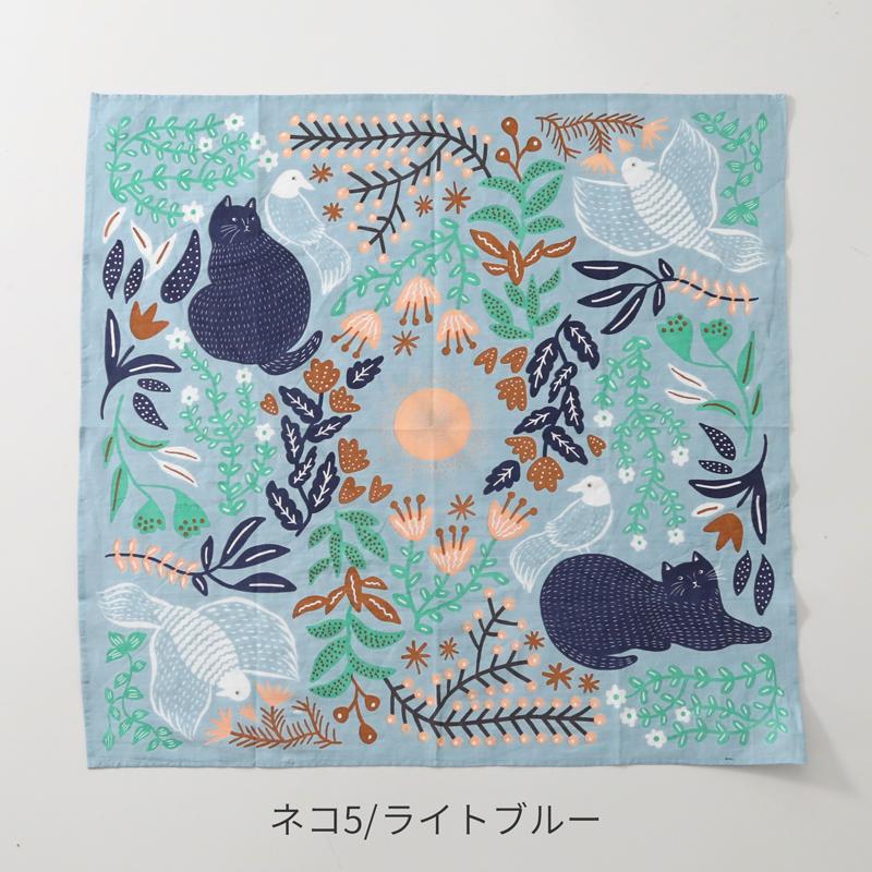 インド綿 ネコ柄ハンカチ 70cm×70cm ブロックプリント 大判 大きめ