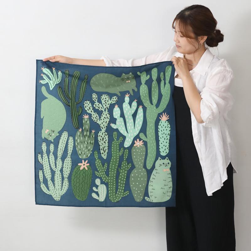 インド綿 ネコ柄ハンカチ 70cm×70cm ブロックプリント 大判 大きめ