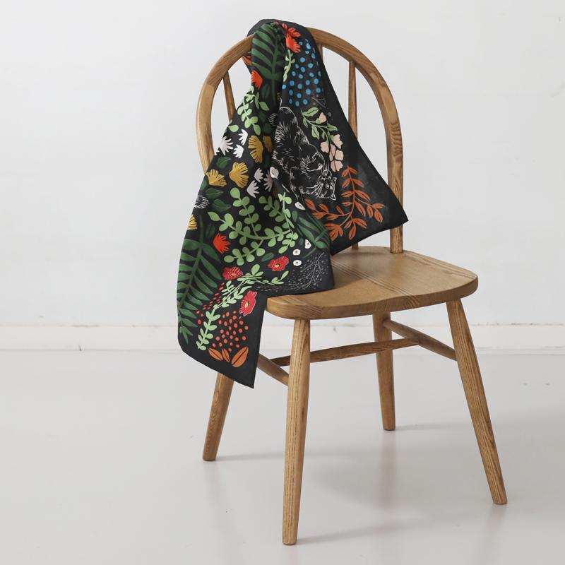 インド綿 ネコ柄ハンカチ 70cm×70cm ブロックプリント 大判 大きめ