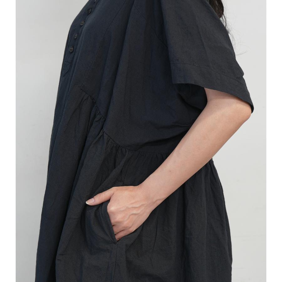 ICHI Antiquites イチアンティークス リネンコットンドレス ブラック ワンピース 半袖 ゆったり ロング aライン 大人服 日本製 ブランド 新作の画像