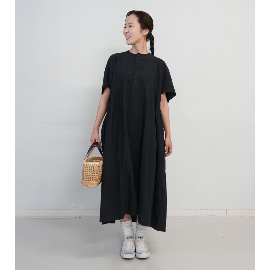 ICHI Antiquites イチアンティークス リネンコットンドレス ブラック ワンピース 半袖 ゆったり ロング aライン 大人服 日本製 ブランド 新作の画像