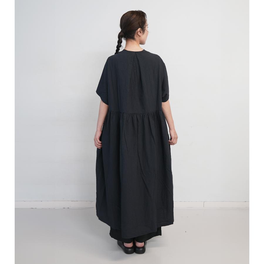 ICHI Antiquites イチアンティークス リネンコットンドレス ブラック ワンピース 半袖 ゆったり ロング aライン 大人服 日本製 ブランド 新作の画像