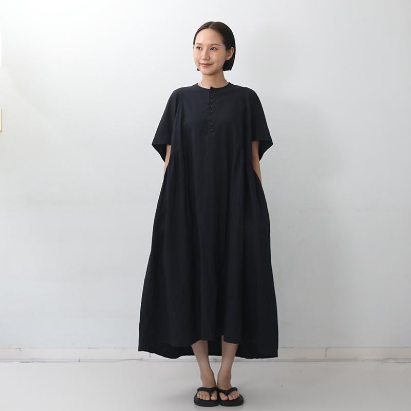 ICHI Antiquites イチアンティークス リネンコットンドレス ブラック ワンピース 半袖 ゆったり ロング aライン 大人服 日本製 ブランド 新作の画像