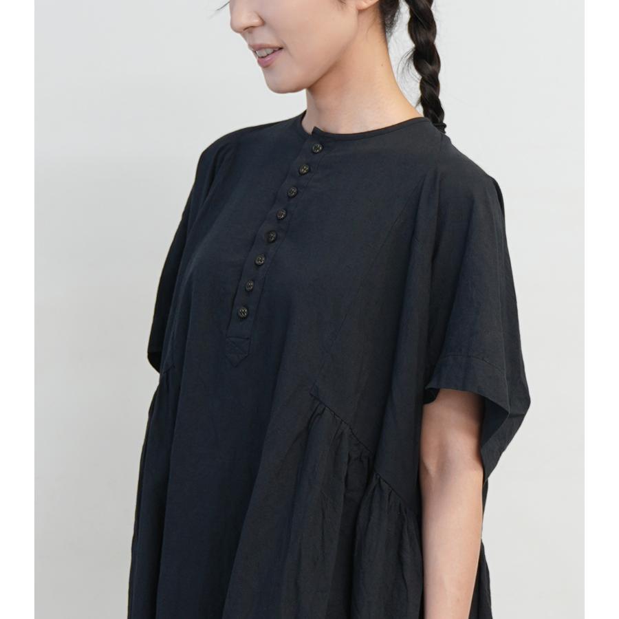 ICHI Antiquites イチアンティークス リネンコットンドレス ブラック ワンピース 半袖 ゆったり ロング aライン 大人服 日本製 ブランド 新作の画像