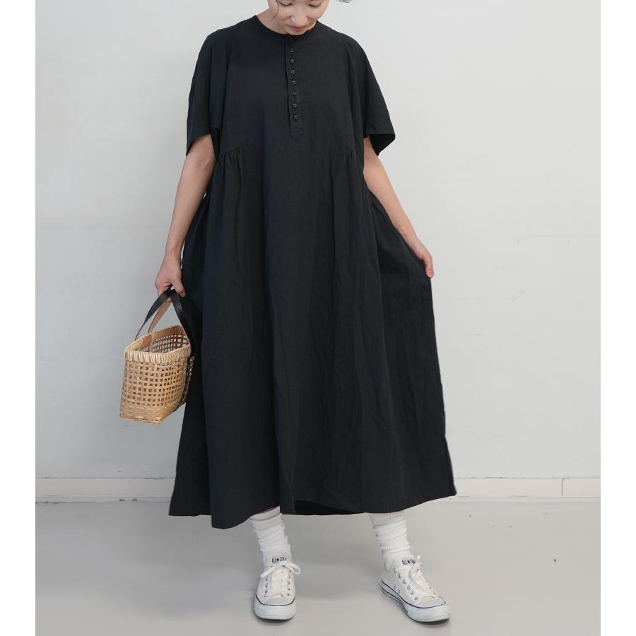 ICHI Antiquites イチアンティークス リネンコットンドレス ブラック ワンピース 半袖 ゆったり ロング aライン 大人服 日本製 ブランド 新作の画像