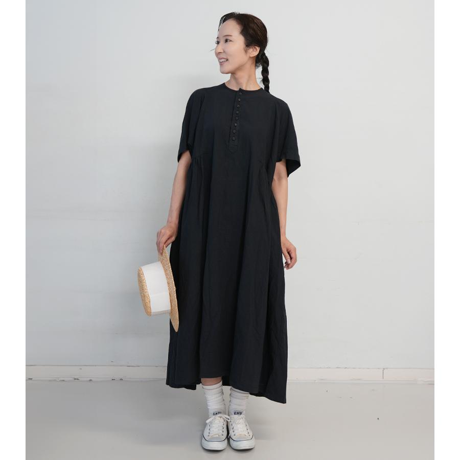 ICHI Antiquites イチアンティークス リネンコットンドレス ブラック ワンピース 半袖 ゆったり ロング aライン 大人服 日本製 ブランド 新作の画像