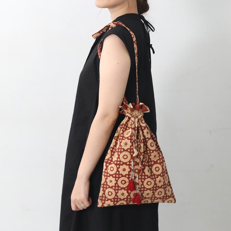 インダスバレー インド綿ショルダー巾着 コットン 花柄 ボタニカル柄