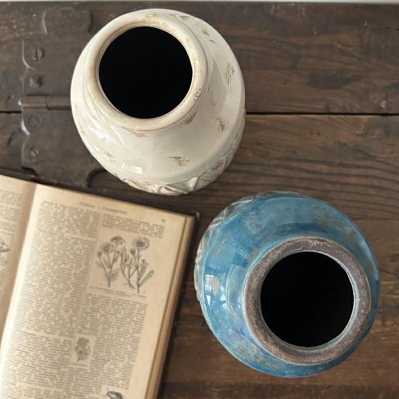 セラミックベース 2カラー ターコイズ アイボリー 花瓶 アンティーク調