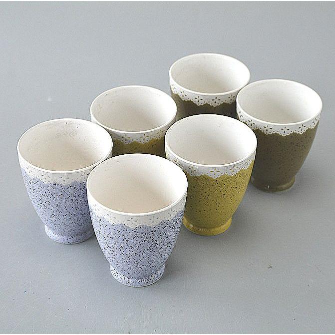 フリーカップ 6個セット 湯飲み かわいいレース模様 パープル