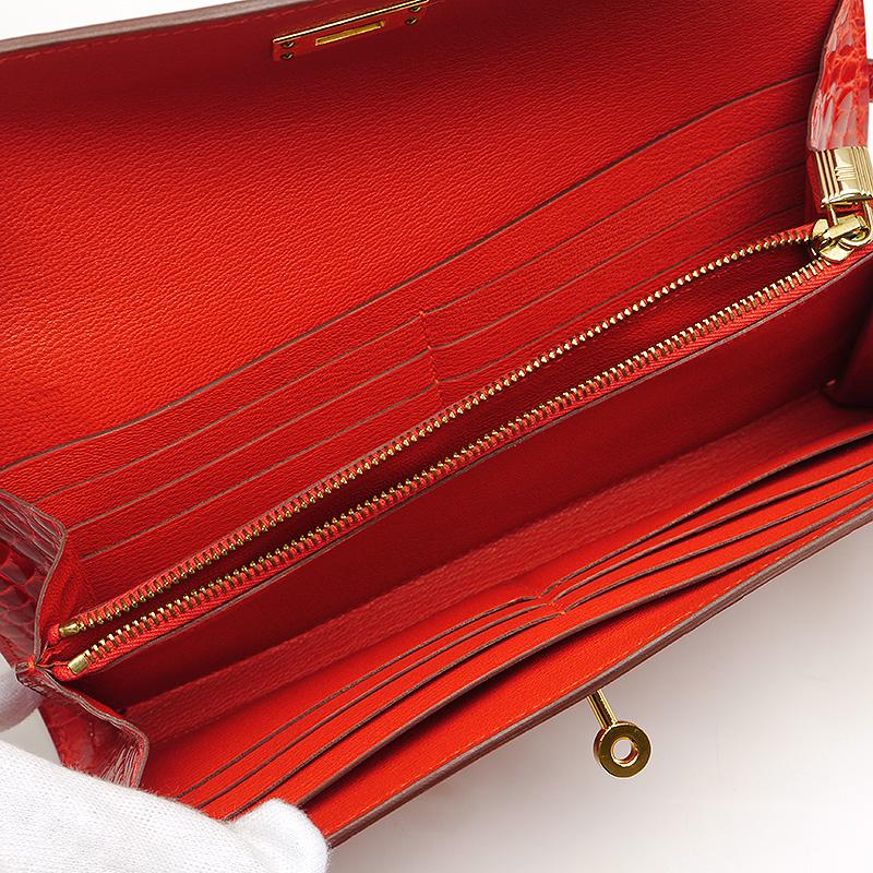 HERMES エルメス ケリーウォレット アリゲーターシャイニー レッド  