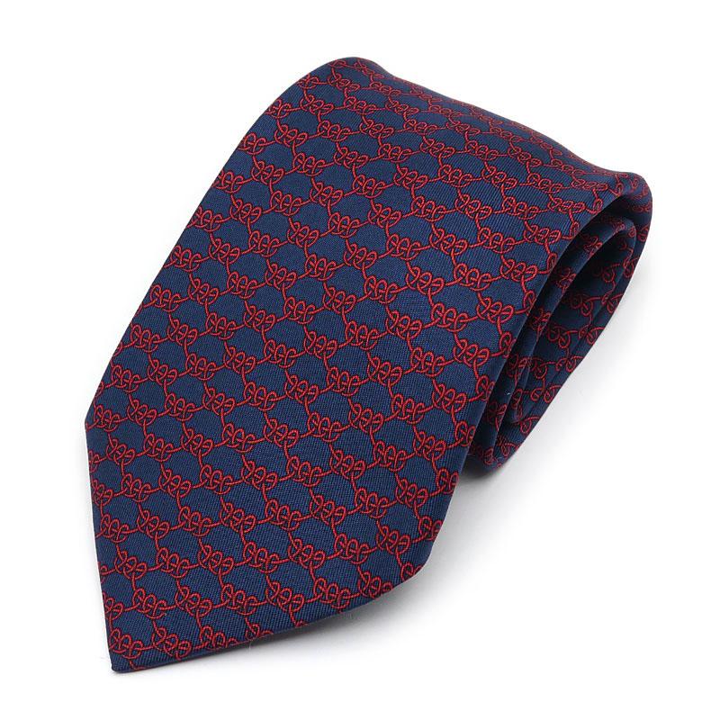 エルメス HERMES ネクタイ シルク100% ネイビー×レッド メンズ