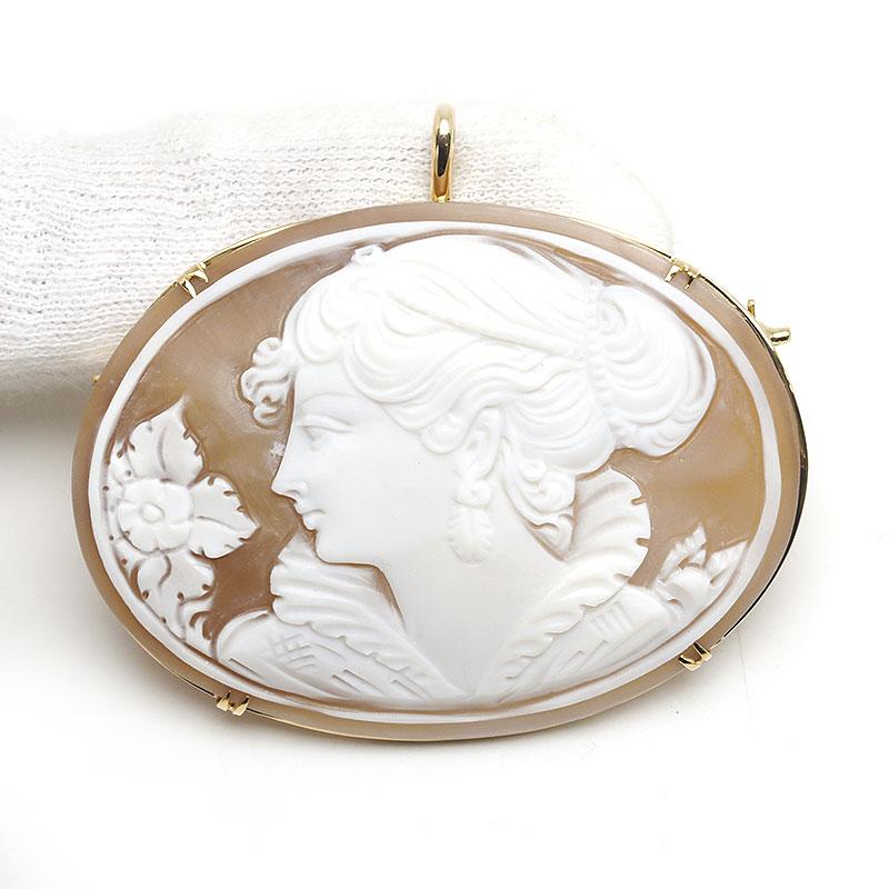 シェルカメオブローチ KI8YG ペンダントトップ兼用 女性 横顔 花