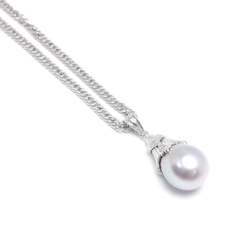 パール付きシルバー ネックレス　pt850 pt900 パールネックレス PT850・PT900・シロチョウ養殖真珠・ダイヤモンド
