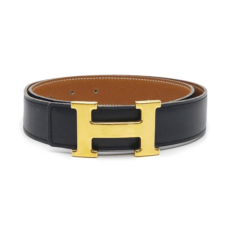 HERMES エルメス Hベルト レザー ブラック×ブラウン ゴールド金具 □A 